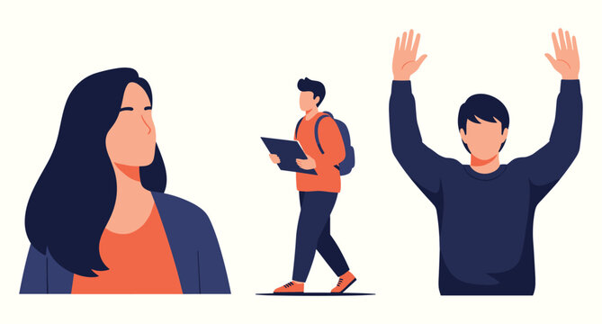 Flat people vector illustration with laptop walking expressive poses minimal style modern design