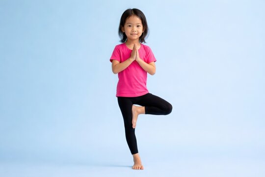 Asian little girl practicing tree pose yoga on light blue background, healthy active childhood and balance concept