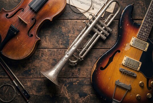 Vintage musical instruments violin trumpet and semi hollow electric guitar on weathered wooden background music equipment collection top view