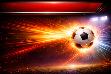 Fototapeta premium A dynamic soccer ball bursts forward with fiery energy and stadium lighting effects
