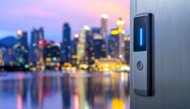 Modern hotel door with electronic lock, symbolizing hospitality and contemporary design.