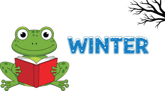 Cute cartoon frog reading book with winter text and tree branch seasonal vector illustration