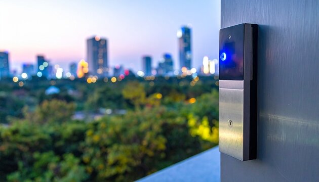Modern hotel door with electronic lock, symbolizing hospitality and contemporary design.