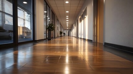 Fototapeta premium A long sunlit office corridor with polished wooden floors reflecting natural light and shadows