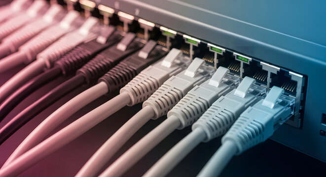 Organized network cabling in a high density switch. IT infrastructure and structured cabling systems. Network patch panel with connected ethernet wires in a data center