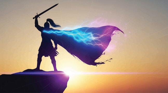 Powerful silhouette of a brave warrior standing on a mountain peak holding a sword high with a glowing magic cape of lightning and energy against a bright golden sunset sky