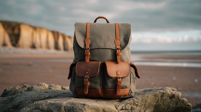 A stylish backpack sits on a rock at the beach with a cliff in the background under a cloudy sky