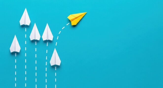 Yellow paper plane changing direction from white planes, leadership and innovation concept, unique paper airplane flying on blue background