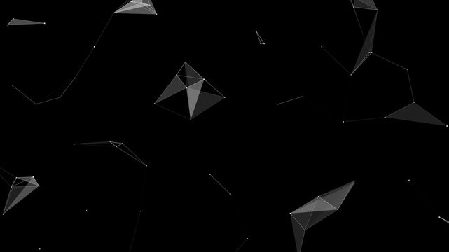 Abstract grey and white plexus network of nodes and connecting lines over black background render 3D