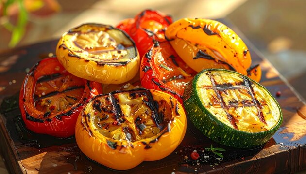 Grilled zucchini and bell peppers with charred texture on wooden board