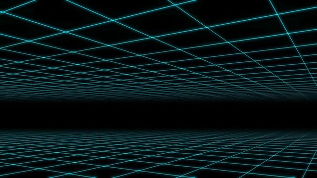 Endless cyan neon glowing wireframe grid forming a virtual tunnel 3d render