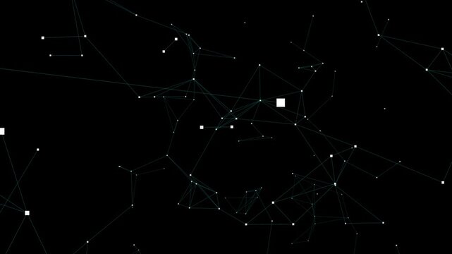 Abstract 3D render of a futuristic network plexus with connecting lines and glowing dots on a black background