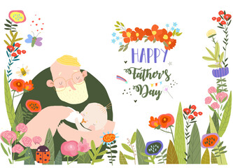 Naklejka premium Vector Cute Floral Frame Composed with Cartoon Father feeding Baby from Bottle