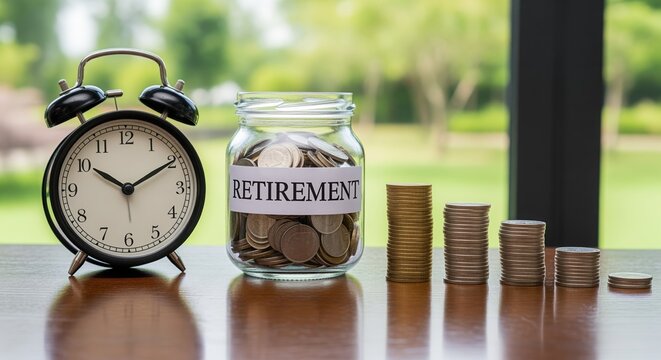 A black alarm clock and glass jar labeled 'retirement' filled with coins sit on a wooden table. Stacked coins decrease in height from left to right. Ideal for retirement planning concepts.