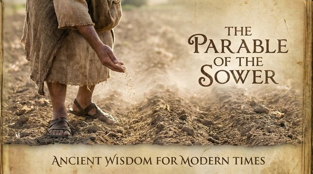 Ancient Farmer Sowing Seeds in a Field, Illustrating the Biblical Parable of the Sower