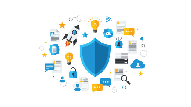 Cyber security shield icon is surrounded by various startup and business elements like a rocket ship and creative lightbulb ideas.