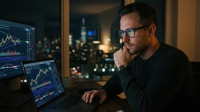 Trader analyzes stock market data on multiple screens late at night in his apartment