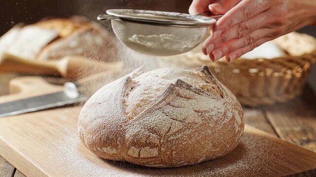 Artisan Sourdough Bread Baking Process Flour Dusting Close Up.
