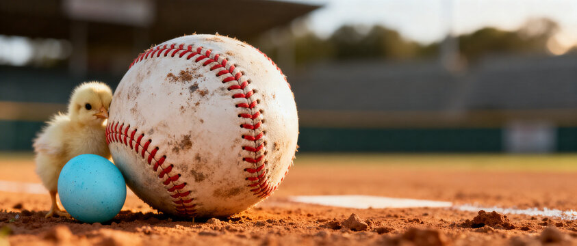Photorealistic close-up of a baseball resting on reddish clay infield dirt in the lower left following the rule of thirds, red stitching clearly visible with slight wear and dust