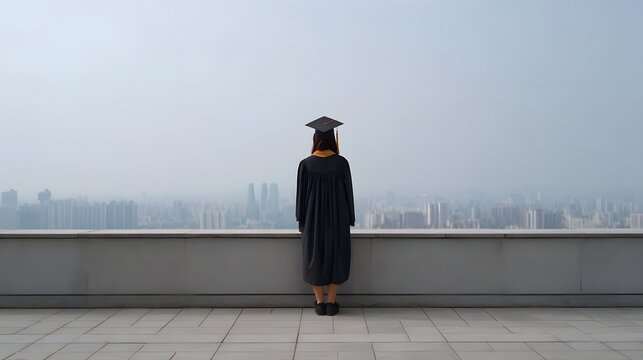 A graduate in academic attire stands on a rooftop gazing at a distant hazy city skyline symbolizing future aspi ns