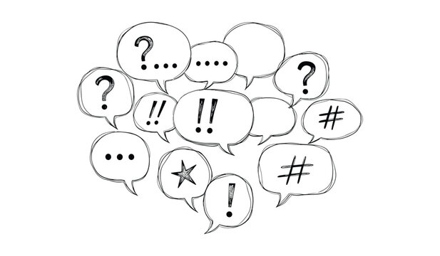 Black and white speech bubbles with various punctuation marks and symbols