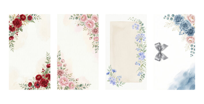 Set of elegant watercolor floral frames for wedding invitations and social media stories