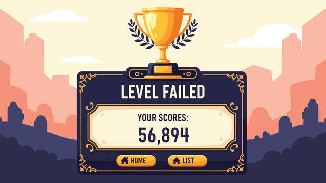 Video game level failed screen design with a gold trophy, score display, and home buttons over a city sunset background.
