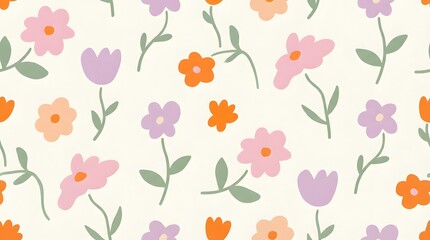 Fototapeta premium Minimalist pastel floral pattern with thin stems. Clean aesthetic for branding or modern stationery. Delicate hand drawn blossoms floating on a minimalist white ivory surface