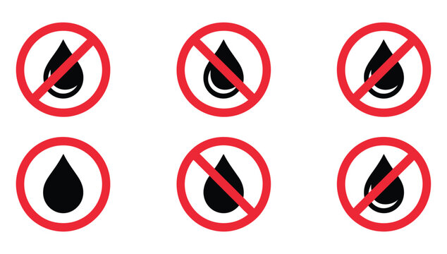 No water drop icons in red prohibition circles, wet warning symbols set, no moisture liquid prohibition sign, water drop restriction icons, safety caution and hazard alert graphics, vector
