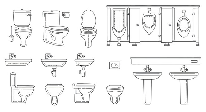 Toilet and bathroom fixture outline icon set with sanitary equipment collection
