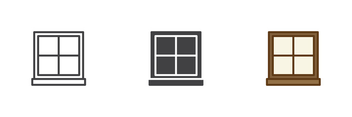 Window frame icon set with panes in line, outline and solid styles. Window icon with editable stroke vector sign, minimal home symbol, clean architectural element icon.