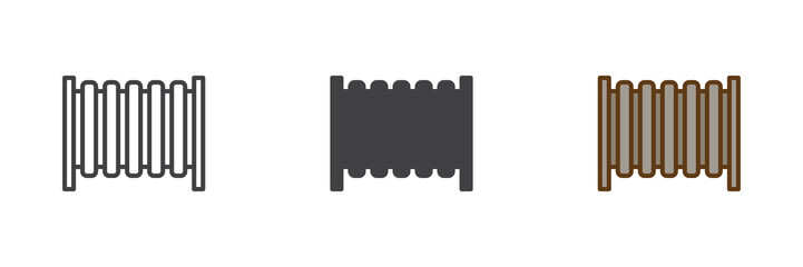 Heating radiator icon set in line, outline and solid styles. Radiator icon with editable stroke vector sign, temperature control symbol, home heating system icon.