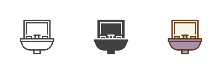 Bathroom sink with mirror icon set in line, outline and solid styles. Sink icon with editable stroke vector sign, hygiene symbol, bathroom fixture icon.