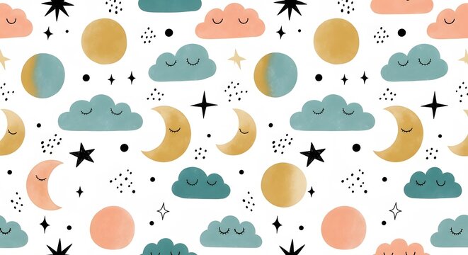 Sleeping clouds with moon and stars in nursery colors. Peaceful bedtime theme for children and baby products. Cute celestial characters on a white background with dots