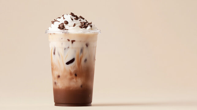 Coffee beverage advertising &ndash; Iced mocha frappe in clear plastic cup with whipped cream and chocolate shavings on beige background