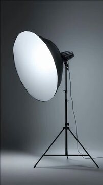 Single studio light with a large softbox leans toward a gray backdrop, casting soft shadows on the floor; a trailing cable glows, suggesting a quiet, focused photo shoot in progress tonight