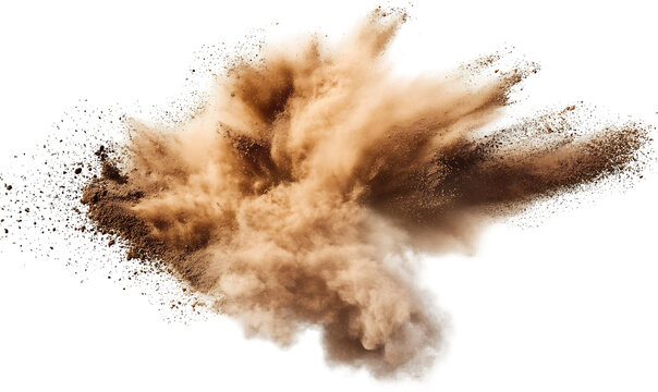 Dynamic splash of brown earth and flying soil particles on transparent background png id. png