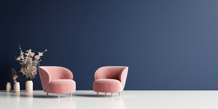Pair of rounded pink chairs beside decorative vases in studio
