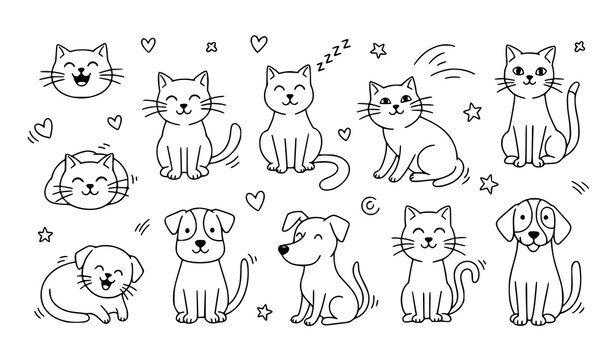 Playful doodle cats and dogs with expressions hand drawn pet icon set outline vector illustration
