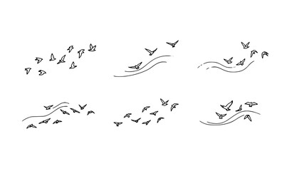 Flying birds doodle line set hand drawn ink flock silhouettes minimal sky vector illustration © MdAiyub