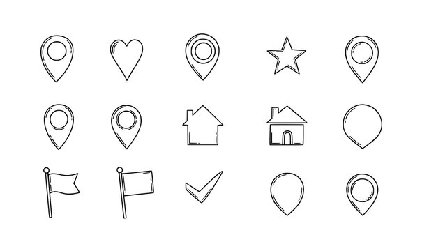 Map pin doodle icon set hand drawn location markers outline vector collection for navigation