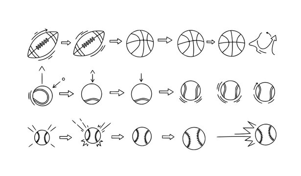 Hand drawn sports ball bounce sequence vector doodle set with motion steps and trajectory arrows