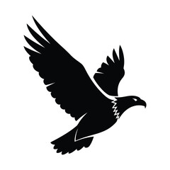 Fototapeta premium Black silhouette of an eagle soaring with wings spread wide, depicted in a stylized graphic design.