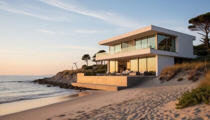 Fototapeta premium A modern house stands by the beach, showcasing sleek architecture and large glass windows. The beach features soft sand and calm waves near the modern house.