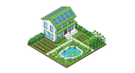 Isometric illustration of a sustainable home with solar panels and garden © Naksha