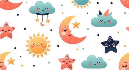 Obraz premium Magical night sky pattern with sleeping moon and star mobile. Baby bedding and nursery decor. Smiling sun and cosmic elements with colorful dots for childrens products.