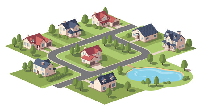 Isometric illustration of a quiet suburban neighborhood with houses and a pond