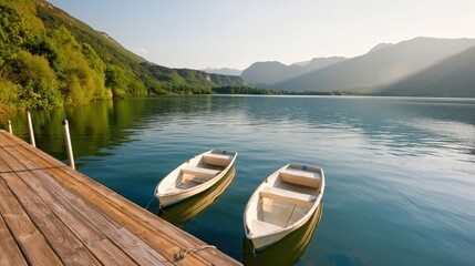 Obraz premium Serene Lake with Boats at Sunset