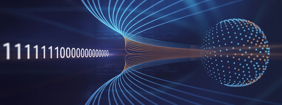 Abstract network of glowing lines and binary code flowing into a digital sphere.