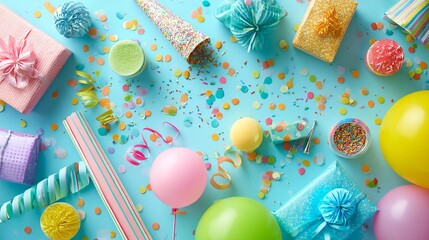 Fototapeta premium A colorful celebration scene with balloons, gifts, and confetti on a blue background